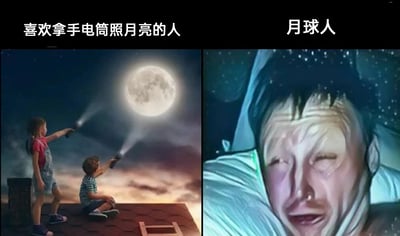 这是一张左右分栏的对比搞笑梗图，左侧画面呈现的是夜晚屋顶上的两个孩子，一个站立一个坐着，都兴奋地举着手电筒对准天空中的满月照射；右侧画面是拟人化的“月球人”，他的眼睛被来自地球的手电筒强光晃得皱起脸，露出痛苦、睁不开眼的夸张表情。该图通过将孩子照月亮的无意义童趣行为，脑补成对月球“居民”造成干扰的场景，用错位的视角和拟人化的夸张手法制造幽默反差效果。