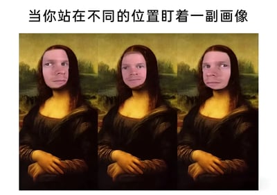 图片展示了三幅经过修改的《蒙娜丽莎》画像，每幅画像中人物的面部表情各不相同，配合顶部文字“当你站在不同的位置盯着一副画像”，幽默地表现了观赏者从不同角度观看这幅经典画作时，可能产生的人物表情变化的错觉。