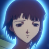 这是一张实验性动画《Serial Experiments Lain》（《玲音》）的截图，画面主角是岩仓玲音，她留着深紫色短发，眼神低垂，神情落寞低落，背景为暗色调，整体氛围压抑，传递出强烈的忧郁、惆怅情绪，常被用作表达负面情绪的素材。