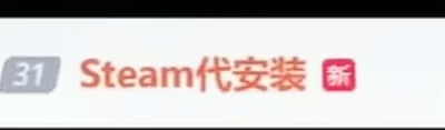 这是一张网页UI截图，画面呈现一个服务条目样式的内容：左侧是灰色圆角矩形背景的数字“31”，推测是该服务的排序或编号；中间是醒目的橙色文字“Steam代安装”，表明这是针对Steam平台的代安装服务；右侧是红色方形背景的白色“新”字标识，说明这是新上线的服务项目。整体是简洁的图文混排UI，用于展示平台的新服务。