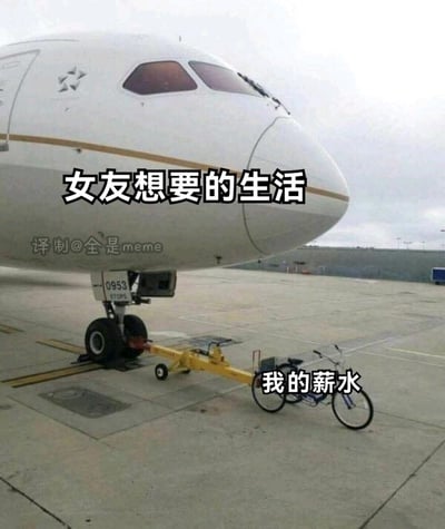 这是一张充满反差感的搞笑梗图，画面展示了机场停机坪上的一架大型客机，通过拖车和一辆小型自行车连接在一起，仿佛自行车要拖动庞大的客机。图中为客机标注文字“女友想要的生活”，为自行车标注文字“我的薪水”，用这种“小马拉大车”的荒诞场景，自嘲式地描绘出当代年轻人薪水微薄，难以满足伴侣对高品质、高消费生活的期望的窘迫处境，强烈的画面反差让这种无奈的自嘲更具喜剧效果，引发有类似经历的网友共鸣。