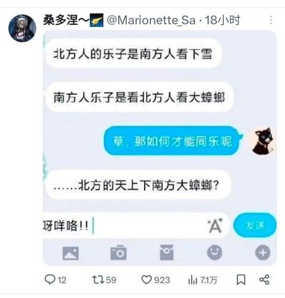 社交媒体用户“桑多涅～🌟”发布的聊天记录截图，内容为关于南北差异的幽默对话。对话中提到“北方人的乐子是南方人看下雪”“南方人乐子是看北方人看大蟑螂”，并调侃“如何才能同乐”，最终以“北方的天上下南方大蟑螂？”的搞笑提议收尾，展现了南北文化差异带来的趣味互动。