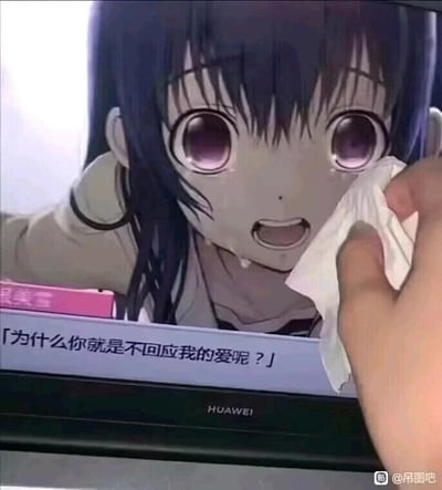 这是一张充满共情趣味的静态玩梗图，画面主体是华为设备屏幕上显示的动画截图，截图中的动画角色根美雪双眼噙满泪水，面露悲伤，嘴巴张开，正情绪激动地哭诉，屏幕下方配有字幕“为什么你就是不回应我的爱呢？”。同时有一只现实中的手拿着纸巾，做出擦拭屏幕上角色眼泪的动作，仿佛真的在为这个陷入情感痛苦的动画角色安抚情绪，通过这种打破次元壁的互动方式，将对角色的共情以搞笑又暖心的形式展现出来，是一种很有代入感的二次创作玩梗。
