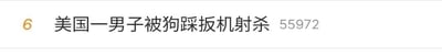 这是一张网页UI截图，呈现的是一则社会新闻的标题区域，内容为“美国一男子被狗踩扳机射杀”，标题左侧的数字“6”应为新闻排序或板块内编号，右侧的“55972”大概率是该新闻的浏览量或热度值。整体为纯文字的横版内容，聚焦于一起离奇的意外死亡事件，事件本身具有较强的意外性和话题性。