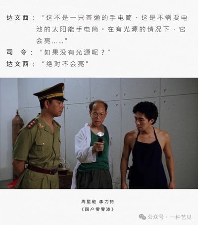 这张图来自周星驰电影《国产零零漆》的经典搞笑场面：角色达文西正在展示一只“太阳能手电筒”，自信地表示在有光源的情况下它会亮，但当被问没有光源怎么办，答复是“绝对不会亮”，展现了荒诞幽默和“科学发明”中的自相矛盾。该段对“太阳能手电筒”进行了双关调侃，实际讽刺无用发明和卖点夸大。

本场景已被大量二次创作与网络引用，成为讽刺“技术创新无用化”以及“产品宣传过度”常见的网络段子。全图风格轻松搞笑，且富有网络流行语气质。