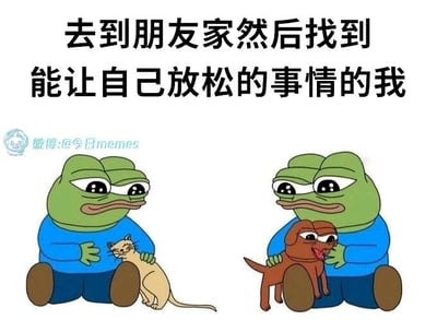 这是一张左右对比的静态图文混排梗图，上方配有文字“去到朋友家然后找到能让自己放松的事情的我”。图中使用了知名网络表情包悲伤蛙（Pepe the Frog）的卡通形象，左侧的悲伤蛙双手抱着一只表情平静的浅色猫咪，右侧的悲伤蛙双手抱着一只吐着舌头、神态活泼的棕色小狗，悲伤蛙的眼神带着疲惫但神态放松，生动地还原了很多人在去到朋友家后，通过撸猫撸狗这类和宠物相处的方式来缓解疲惫、让自己放松下来的日常场景，十分贴合现实生活中的社交体验，充满了治愈感和搞笑氛围。