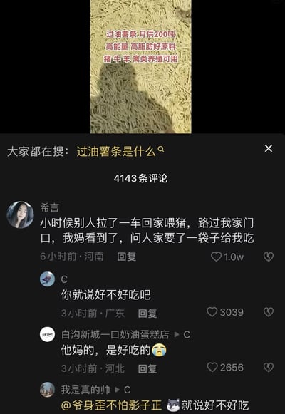 整张图为竖版的短视频平台评论区截图，上半部分是原视频的画面：堆放着大量过油薯条，配文标注该过油薯条月供200吨，属于高能量高脂肪的养殖原料，可用于猪、牛、羊、禽类的养殖喂养。下方是该视频的评论区，共有4143条评论，第一条热门评论来自河南用户希言，称自己小时候有人拉了一整车这种薯条回家喂猪，路过自己家门口时，妈妈向对方要了一袋给自己吃；后续网友在评论区追问“你就说好不好吃吧”，另有河北网友回复称这种薯条确实好吃，充满反差搞笑效果。