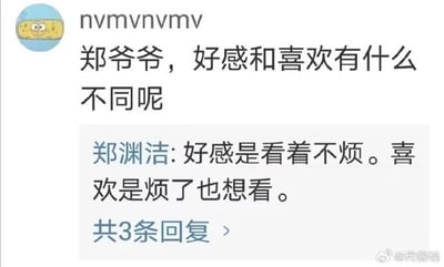 这是一张来自微博的社交媒体截图，画面呈现了网友与知名童话作家郑渊洁的问答互动。网友“nvmvnvmv”以“郑爷爷”的称呼向郑渊洁提问，询问好感和喜欢的不同之处，郑渊洁用两句简洁直白的话语给出了回答：“好感是看着不烦。喜欢是烦了也想看。”这句话精准地提炼出两种情感的差异，好感是较低程度的接受，而喜欢是更高浓度的在意，即便产生厌烦情绪仍会关注对方，内容通俗易懂且充满生活智慧，容易引发网友的情感共鸣。截图右下角带有微博账号“@代餐墙”的水印，整体为静态的图文混排界面，信息清晰明了。