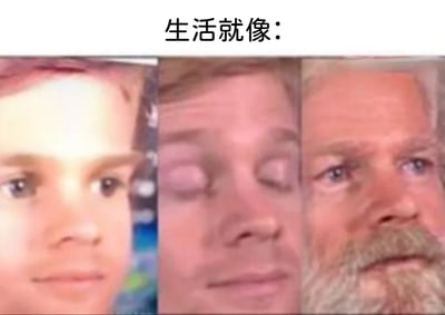 这是一张多图拼接的网络梗图，画面顶部配有文字“生活就像：”，下方从左到右依次排列了三个不同年龄段男性的面部特写：左侧是眼神明亮、面带浅笑，对世界充满好奇与憧憬的孩童；中间是双眼紧闭、表情麻木，神态透露出被生活磨平棱角的疲惫与无奈的中年男性；右侧是满脸皱纹、眼神沧桑，带着历经生活磨难后怅然与疲惫的老年男性。整张图用这三个极具代表性的人生阶段形象，生动地比喻了生活从充满希望到麻木，再到历经沧桑的过程，精准戳中了人们对人生不同阶段生活感受的共鸣，常用于社交平台抒发对生活的感慨与调侃。