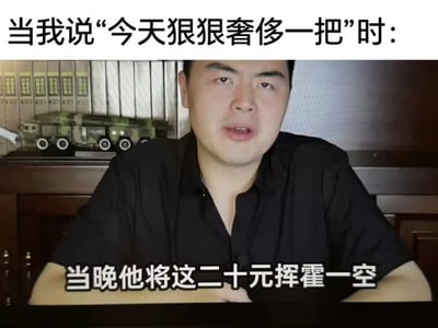 图片上方文字为“当我说‘今天狠狠奢侈一把’时：”，中间是一位穿着黑色衬衫的男性，背景有模型车辆和书架，下方文字为“当晚他将这二十元挥霍一空”。通过反差幽默，调侃所谓的“奢侈”其实只是花费二十元，展现了日常生活中的自嘲式搞笑。