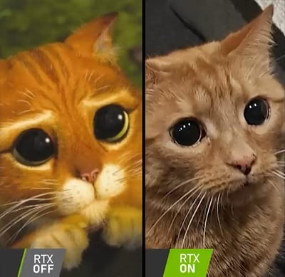 这是一张采用左右对比形式的搞笑梗图，模仿NVIDIA RTX光线追踪技术的官方对比展示模板。左侧标注“RTX OFF”，呈现的是一只画风软萌的卡通橘猫，有着超大的圆眼睛，双爪放在嘴边，神态乖巧可怜；右侧标注“RTX ON”，则是一只真实的橘猫，眼神呆滞、表情木讷，与左侧的萌系风格形成强烈反差。该图反向玩梗，将原本“开启RTX获得更真实精美画面”的概念，替换成“开启后画风突变”的搞笑效果，制造出荒诞的幽默感。