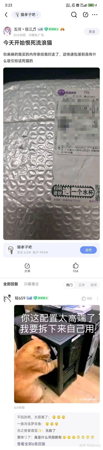 百度贴吧用户「五河丶狂三」在「猫孝子吧」发帖吐槽，称自己刚买的内存条快递被流浪猫叼走，愤怒咒骂流浪猫，还附上了带有打码地址的快递包装照片；下方网友「轻659」回复了一张橘猫钻电脑主机的搞笑梗图，配文「你这配置太高端了 我要拆下来自己用」，玩梗调侃楼主的倒霉遭遇，评论区其他网友也跟着玩梗互动。