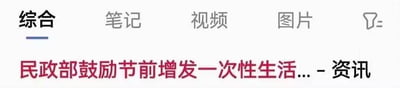 这是一张网页搜索结果的截图，顶部显示“综合”“笔记”“视频”“图片”等标签，下方红色标题显示“民政部鼓励节前增发一次性生活... - 资讯”。图片中的标题存在明显错误，正确表述应为“一次性生活补贴”等民生相关政策，此处被恶意篡改，属于误导性信息。