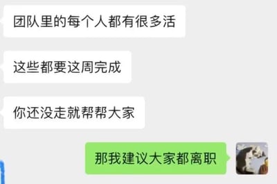 一张职场聊天梗图，展示了团队成员在被要求帮忙处理本周需完成的超额工作时，以'那我建议大家都离职'的幽默反讽回应。绿色对话气泡搭配猫咪表情包，生动呈现了职场人面对不合理工作要求时的无奈与调侃，引发共鸣。