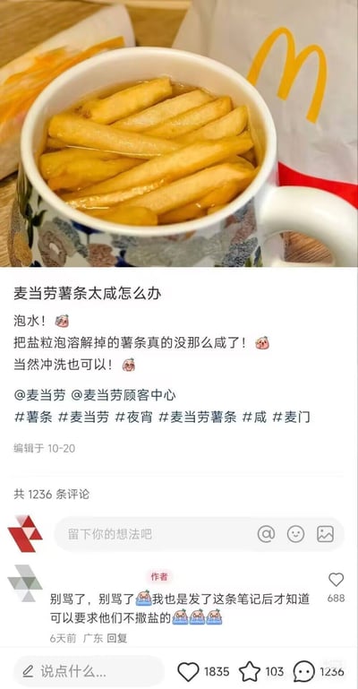 图片上半部分为实拍图：一个带有花纹的马克杯里装满了麦当劳薯条，薯条浸泡在水中，背景可见麦当劳标志性红色黄色纸袋。下半部分是社交媒体帖子截图，内容为用户分享应对麦当劳薯条太咸的方法：“泡水！把盐粒泡溶解掉的薯条真的没那么咸了！当然冲洗也可以！”并@麦当劳及顾客中心，附带#薯条 #麦当劳 #麦门 等话题标签。帖子下方有作者评论：“别骂了，别骂了 😭 我也是发了这条笔记后才知道可以要求他们不撒盐的 🙏🙏🙏”，显示互动数据为688赞、1236条评论。