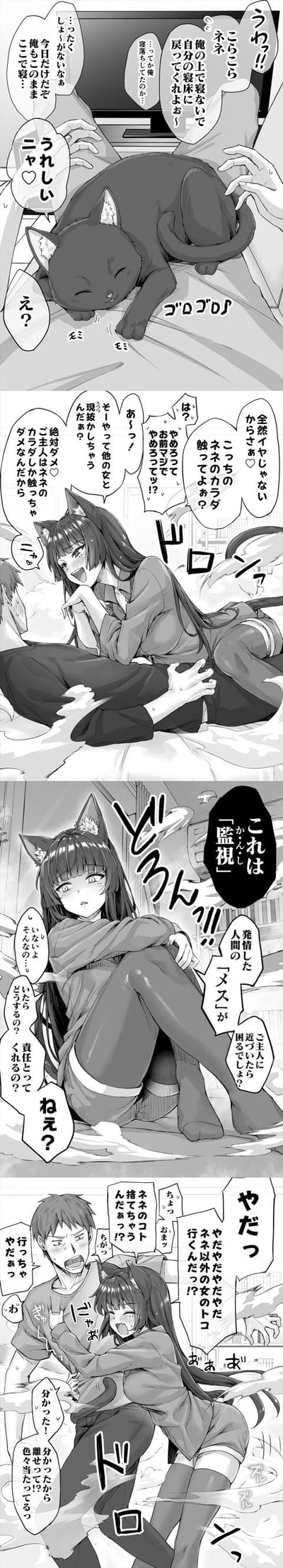 这是一组竖版四格黑白日系漫画，讲述了主人与自家黑猫化身的猫娘“ネネ”的趣味日常：
1. 第一格：主人想让趴在自己身上睡觉的黑猫ネネ回到自己的窝，最后无奈妥协，打算一起休息，猫咪开心地蹭主人。
2. 第二格：猫咪化身为猫娘趴在主人身上撒娇，主人试图推开，猫娘却表示只允许主人触碰自己的身体，不许和其他女性接触。
3. 第三格：猫娘得知自己需要“监视”靠近主人的发情期人类女性，开始焦虑地询问主人会如何承担责任。
4. 第四格：主人想要出门，猫娘紧紧抱住主人不让他离开，不许主人去找其他女性，主人只好安分答应。
无特殊双关或谐音梗，属于典型的兽耳娘题材恋爱向日常故事。