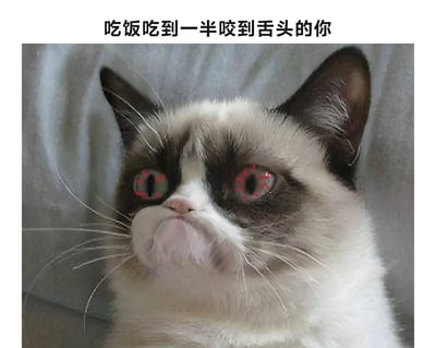 一张幽默的表情包，展示了一只猫在吃饭时咬到舌头的痛苦表情。图片上方配有文字'吃饭吃到一半咬到舌头的你'，猫的眼睛被编辑成带有红色缝线图案，夸张地表现出疼痛的感觉，整体风格搞笑又形象。