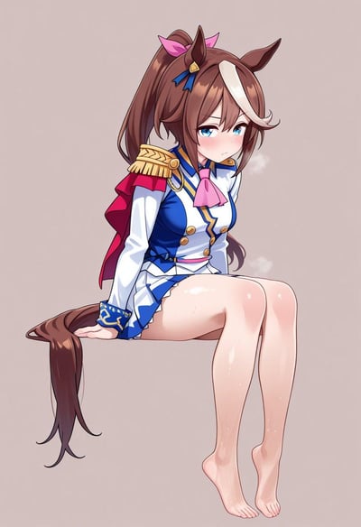 图中呈现的是手游《赛马娘 Pretty Derby》中的角色特别周，她有着棕白相间的头发与标志性的马耳、马尾，身着蓝白配色的制服。此刻她正坐着休息，脸颊泛红，身上和双腿布满汗珠，还有呼出的白气，看起来刚结束一场剧烈运动，神态带着疲惫与些许害羞，裸露的双脚也显得放松。