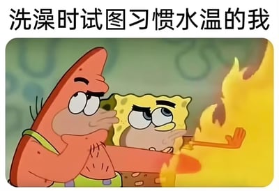 这是一张二次创作的卡通梗图，采用顶配底文的形式，顶部文字为“洗澡时试图习惯水温的我”，下方截取了动画《海绵宝宝》中派大星和海绵宝宝皱着眉、伸手探向火焰的画面，用夸张的火焰类比温度过高的洗澡水，生动搞笑地表现了人们洗澡时遇到水太烫，却强忍着想要努力适应水温的日常场景，很容易引发大众共鸣。