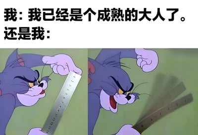 这是一张左右对比的表情包，上方文字写着“我: 我已经是个成熟的大人了。还是我:”。左侧画面中汤姆猫表情严肃地拿着一把尺子，右侧画面中汤姆猫愤怒地将尺子掰断。通过汤姆猫前后反差的行为，幽默地表现了成年人声称成熟却在小事上失控崩溃的真实状态。