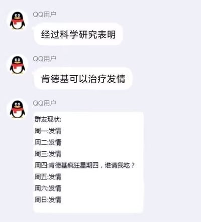 这是一张QQ群聊记录截图，匿名QQ用户先是用戏谑的语气称“经过科学研究表明肯德基可以治疗发情”，随后列出所谓的群友一周状态：周一至周三、周五至周日的状态均标注为“发情”，唯独周四的状态是询问谁请自己吃肯德基疯狂星期四，用夸张荒诞的调侃玩梗，呼应肯德基疯狂星期四的热门网络梗，趣味十足。