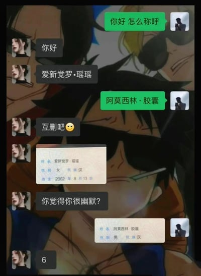 这是一张竖屏的微信聊天记录静态截图，背景是动漫《海贼王》的角色画面。对话起始于男方询问女方称呼，女方先回复“你好”，随后自称“爱新觉罗·瑶瑶”，男方立刻玩梗回应“阿莫西林·胶囊”，女方见状提出“互删吧”并附上自己的真实身份信息截图，证明“爱新觉罗”只是玩笑式的称呼，同时质问男方“你觉得你很幽默？”，男方则制作了一张名为“阿莫西林·胶囊”的假身份信息截图回怼，最后女方仅回复数字“6”表达无语，整个对话充满了轻松搞笑的玩梗互怼氛围，是网友创作的趣味娱乐内容。