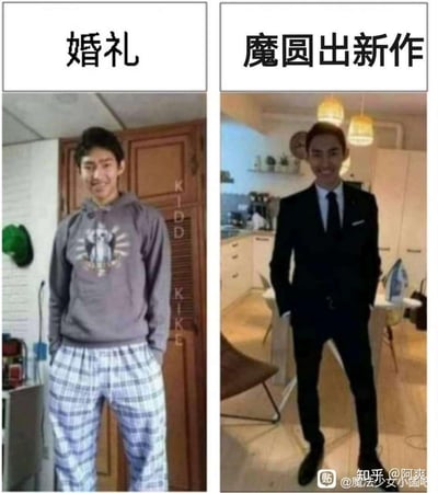 这是一张左右分栏的对比梗图，左侧标注「婚礼」，图中男生穿着灰色印花卫衣搭配格子睡裤，双手插兜，姿态随意放松；右侧标注「魔圆出新作」，同一个男生身着笔挺的黑色西装套装，同样双手插兜，显得正式精神。通过这种强烈的穿搭反差，调侃《魔法少女小圆》的粉丝对推出新作的重视程度远远超过参加婚礼，精准戳中二次元爱好者的喜好，是粉丝玩梗的趣味表达。
