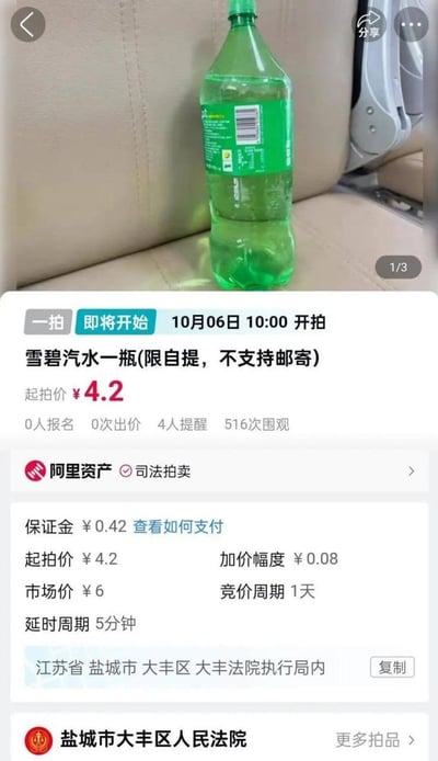 这是一张竖屏手机格式的阿里资产司法拍卖网页截图，采用图文混排形式，上半部分是放置在座椅上的大瓶装雪碧实拍图，下半部分是该拍品的详细拍卖信息。该拍品由江苏省盐城市大丰区人民法院执行局上架，为限自提的雪碧汽水一瓶，将于10月06日10:00开拍，起拍价4.2元（市场价6元），目前0人报名、0次出价，有4人设置提醒、516次围观。拍卖规则为保证金0.42元，加价幅度0.08元，竞价周期1天，延时周期5分钟，提货地点在大丰法院执行局内。这种用严肃的司法拍卖渠道售卖日常饮料的方式十分新奇，打破了大众对司法拍卖的常规认知，引发了不少网友的围观与讨论。