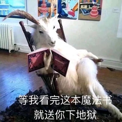 这是一张经过P图改编的静态搞笑梗图，画面主体是一只白色山羊，它以非常拟人化的慵懒姿态瘫坐在木质椅子上，用前爪捧着一本带有花纹封面的书，仿佛在认真阅读。山羊的表情看起来略带不屑，神态嚣张，背景是普通的室内环境，墙上挂着三幅以蛋糕为主题的装饰画，地面散落着一些类似落叶的杂物。图片下方配有文字“等我看完这本魔法书就送你下地狱”，将山羊拟人化，用一本正经的威胁语气和它搞笑的阅读行为形成强烈反差，制造出荒诞幽默的效果，适合用于社交场景中和朋友开玩笑、表达不满或者刻意装酷耍帅。