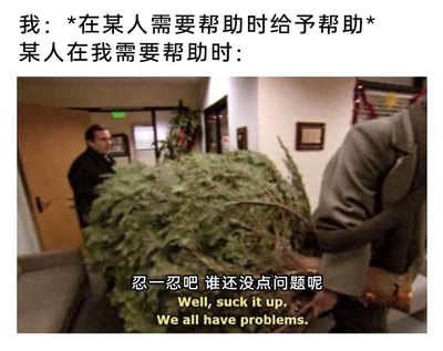 这是一张用来吐槽人际交往中互助不对等的梗图，上方以文字构建对比场景：“我：*在某人需要帮助时给予帮助*”，展现“我”在他人有需求时主动提供帮助的积极态度；下方是美剧《办公室》的影视截图，画面中一个人被巨大的圣诞树完全遮挡，明显处于需要帮助的困境，而另一个扛着圣诞树的人则冷漠地说出“忍一忍吧 谁还没点问题呢”，同时配有英文原台词“Well, suck it up. We all have problems.”。整幅图通过强烈的行为反差，精准讽刺了那种只接受他人帮助却不愿回馈、以敷衍态度回应他人需求的双标行为，戳中了人们在生活或职场中付出善意却得不到对等回应的扎心瞬间，容易引发广泛共鸣。