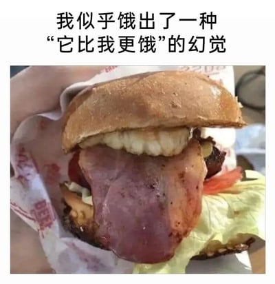 图片上方配有文字“我似乎饿出了一种‘它比我更饿’的幻觉”，下方是一张特写汉堡的照片。汉堡的顶部面包边缘因纹理和角度看起来像一排牙齿，中间夹着的肉片（疑似培根或肉饼）下垂部分被巧妙地营造出类似舌头伸出的视觉效果，整体形成了“汉堡长着嘴、伸出舌头，仿佛比人更饿”的幽默错觉，通过夸张的视觉联想调侃极度饥饿时的荒诞感受。