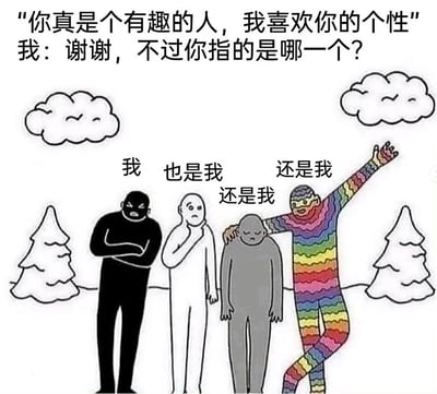图片上方文字显示他人夸赞“你真是个有趣的人，我喜欢的个性”，下方“我”回应“谢谢，不过你指的是哪一个？”。画面中有四个不同形象的“我”：左侧黑色剪影双臂交叉面露怒色，中间白色形象单手托腮困惑思考，灰色形象低头沮丧，右侧彩虹色形象搭着灰色形象肩膀、单臂高举显得张扬。背景有简笔画风格的云朵和树木，整体通过夸张的多人格形象幽默展现人们在社交中展现的不同性格侧面。