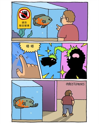这是一则三格连环幽默漫画：第一格展示了戴眼镜的男子站在水族馆的鱼缸前，缸体上有醒目的黄色警示标识，写着“请勿敲击玻璃”，男子正注视着缸内一条带有橙色斑纹的鱼；第二格中，男子无视警告，用手指敲击鱼缸，发出“嗒嗒”的声响，随后画面出现特效闪光，鱼和男子都变成黑影，仿佛发生了角色错位的特殊变化；第三格中，原本的鱼在鱼缸里长出了类似人手的肢体，正敲击着鱼缸玻璃，而男子则背对着鱼缸，双手插兜离开了。漫画通过荒诞的角色行为反转，讽刺了不听从规则警告的行为，制造出意料之外的搞笑效果。