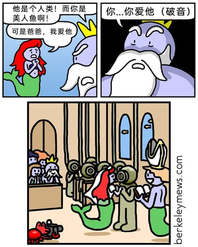 这是一幅三格连环恶搞漫画，改编自经典童话《小美人鱼》：第一格中，红色长发的小美人鱼爱丽儿双手合十，一脸难过地对父亲海王川顿表达自己的爱意，海王则满脸惊讶地指出两人种族的差异：“他是个人类！而你是美人鱼啊！”；第二格中，海王震惊到声音破音，不敢置信地重复确认爱丽儿的心意：“你...你爱他（破音）”；第三格是故事的荒诞后续，场景切换到水下教堂，小美人鱼正和戴着复古潜水头盔的人类新郎举行婚礼，海王和其他人鱼在观礼席上观礼，窗外还有小鱼好奇张望，小美人鱼的宠物螃蟹塞巴斯丁拿着类似相机的物品，整个场景用人类戴潜水头盔适应水下环境的设定，荒诞地解决了原童话中跨种族恋爱的生存矛盾，制造出强烈的喜剧反差。