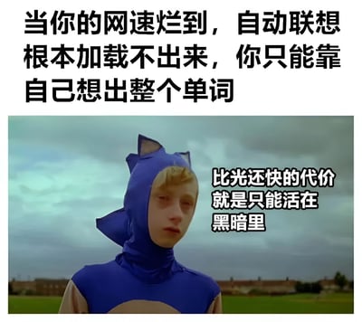 图片上方文字描述了网速极差导致自动联想功能无法加载，用户只能自行脑补完整单词的窘境。下方是一名穿着蓝色索尼克刺猬造型服装的真人，背景为阴天户外场景，人物表情严肃。右侧叠加文字“比光还快的代价就是只能活在黑暗里”，通过索尼克“速度快”的特性与“网速慢”形成幽默反差，吐槽网络体验不佳的无奈。
