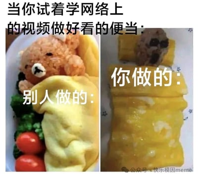 图片为左右对比结构，左侧展示“别人做的”便当：一个造型精致的小熊形状饭团，被金黄的玉子烧包裹，旁边搭配着翠绿的西兰花和鲜红的小番茄，色彩鲜艳且造型可爱；右侧展示“你做的”便当：玉子烧随意卷起，形状不规则，中间夹着一个不成形的饭团，整体显得粗糙凌乱。上方文字“当你试着学网络上的视频做好看的便当：”点明主题，通过强烈的视觉对比，幽默地展现了跟随网络教程制作美食时理想与现实的差距，引发观众共鸣和自嘲。
