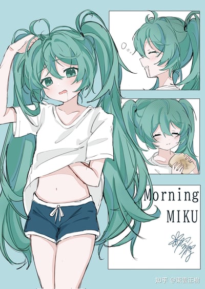 图中展示了VOCALOID虚拟歌手初音未来的早晨日常插画。主画面是绿发双马尾的初音未来穿着白色T恤和深蓝色短裤，右手抓着头发，左手微微拉起衣角，露出小腹，表情腼腆害羞。右侧有两个小插图：上方是初音的侧脸特写，带着满足的微笑；下方是她闭着眼睛，手里拿着面包的可爱模样。整体色调清新，风格可爱治愈。