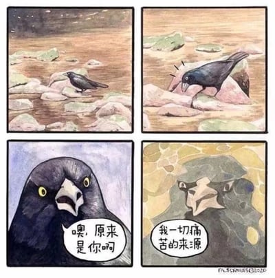 这是一幅四格连环漫画，讲述了一只乌鸦的荒诞经历：
1. 第一格：乌鸦站在浅滩的石块上，周围是布满碎石的浅水区域；
2. 第二格：乌鸦凑近一块石头，似乎发现了特殊之处；
3. 第三格：乌鸦瞪大双眼，露出震惊又恍然大悟的表情，配文“噢，原来是你啊”；
4. 第四格：展示那块石头的纹路，其纹路组合起来酷似乌鸦的脸，乌鸦将其指责为“我一切痛苦的来源”。

这幅图利用视觉错位的效果，让乌鸦把与自己外形相似的石头纹路当成了自身痛苦的根源，用无厘头的荒诞感制造笑点，调侃了人们有时会莫名归咎于无关事物或陷入自我内耗的状态。