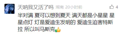 这是一张竖屏手机格式的社交媒体截图，属于图文混排内容，图中左上角有一个卡通风格的用户头像，右侧标注了用户昵称“天呐我又活了吗”、所在地“湖南”、发布时间“20小时前”，下方是用户发布的无厘头玩梗文字：“半对满 夏可以想到夏天 满天都是小星星 星星点灯 灯是爱迪生发明的 爱迪生迫害特斯拉 所以叫马斯克”，内容通过一系列跳跃式的联想，将多个看似不相关的元素串联起来，制造出荒诞搞笑的效果，该内容右下角显示获得了4个点赞。
