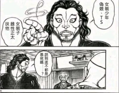 这是一幅由上下两格组成的黑白连环同人漫画，画风模仿格斗漫画《刃牙》系列。上格中，一位长发粗犷的男性角色瞪大双眼，伸出手指，两个对白气泡分别列出了“女装少年、伪娘、TS”和“女装子、雌性正太、扶他”这些和性别表达、跨性别、特殊性别设定相关的ACG及网络词汇；下格中，该男性角色侧过身，对着面前的两个角色发问：“说到底不都是基佬吗…？”，中间的老年角色露出震惊、不敢置信的表情。这幅图用直白甚至有点粗暴的归类方式，对不同的性别相关词汇进行吐槽，制造出荒诞搞笑的效果，没有双关、谐音梗等内容。