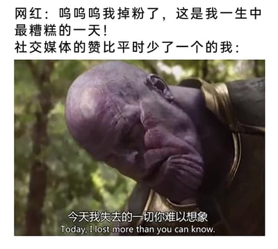 这是一张搞笑自嘲类的网络梗图，通过对比两种不同群体在社交平台上的情绪反应制造笑点：上方文字呈现网红掉粉后崩溃哭诉“这是我一生中最糟糕的一天”，而普通用户仅仅是社交媒体的赞比平时少了一个，就用漫威电影角色灭霸的低落神态来放大自己的“损失感”；下方配图是《复仇者联盟》系列里灭霸低头捂脸的影视截图，搭配字幕“今天我失去的一切你难以想象”，将普通用户对社交平台点赞数的在意进行夸张化演绎，形成强烈的反差感，调侃了人们在社交网络中对互动数据过度敏感的心态，风格幽默搞笑。