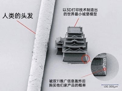 这是一张结合科普素材与双11购物场景的搞笑梗图，画面左侧展示了一根人类的头发，右侧是通过3D打印技术制作的世界最小城堡模型，城堡的尺寸远小于人类头发。创作者将城堡底部一个极其微小的细节部分标注为“被双11推广信息轰炸后购买他们家产品的概率”，右下角的标尺显示100.000μm的长度，通过这种强烈的大小对比，夸张地调侃在双11铺天盖地的推广信息轰炸下，消费者最终选择购买该品牌产品的概率极低，几乎微不可察，以此引发网友对双11推广信息泛滥现象的共鸣。