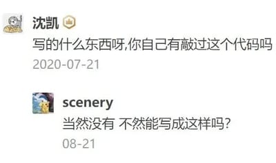这是一张社交媒体评论区的截图，展示了两位用户关于代码提交的对话：用户沈凯质疑对方提交的代码质量，质问对方“写的什么东西呀，你自己有敲过这个代码吗”，用户scenery坦然回复“当然没有 不然能写成这样吗?”，这段对话真实还原了部分开发人员不测试就提交代码的行业现状，充满程序员圈的共鸣感和黑色幽默。