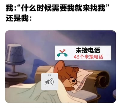 图片上方文字为“我:‘什么时候需要我就来找我’ 还是我:”，下方是动画角色Jerry躺在床上熟睡的场景，画面中叠加了“未接电话 43个未接电话”的手机通知界面和静音图标。通过对比嘴上说“随时待命”和实际忽略43个未接电话的行为，幽默展现了人们在社交中“主动提供帮助”与“实际逃避沟通”的矛盾心理，带有自嘲和搞笑的意味。