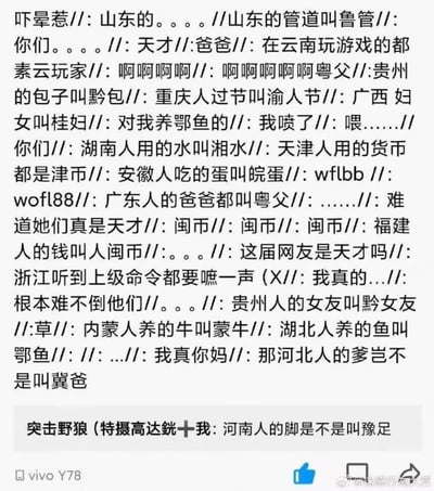 这是一张社交媒体截图，内容是网友们接力用中国各省、直辖市、自治区的简称玩谐音梗，将省份简称与日常词汇结合，创造出一系列无厘头的搞笑说法，例如山东的管道叫“鲁管”（鲁为山东简称）、在云南玩游戏的是“云玩家”（云为云南简称）、内蒙人养的牛叫“蒙牛”（蒙为内蒙古简称），还有河北人的爹叫“冀爸”（冀为河北简称）等。最后还有网友补充评论“河南人的脚是不是叫豫足”（豫为河南简称）。
谐音梗说明：所有梗均采用省份简称与词汇谐音结合的方式，比如“冀爸”是河北简称“冀”与“继父”的“继”谐音，“豫足”是河南简称“豫”与“玉足”的“玉”谐音，通过这种强行关联的方式制造出荒诞搞笑的效果。
