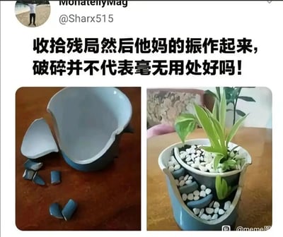 这是一张左右对比的图文内容，左侧展示了一个蓝白相间的容器破碎后的状态：容器主体出现大缺口，多块蓝色的容器碎片散落在棕色木质桌面上；右侧则是这个破碎容器被改造后的成品，将容器主体与部分碎片重新组合，制作成了一个分层的创意花盆，花盆内种植了绿色的观叶植物，还铺有白色小石子作为装饰，整体造型别致且富有巧思。图片上方配有极具情绪张力的激励文字，用容器从破碎废弃到被赋予全新用途的过程，类比人在遭遇挫折、身处低谷时，依然可以重新整理自己，振作起来，发挥新的价值，传递出积极治愈的励志态度。