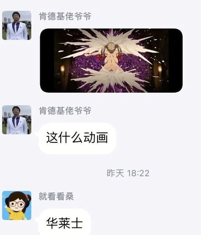 这是一张社交媒体的聊天记录静态截图，整体为单图形式。用户“肯德基佬爷爷”的头像是一位穿白色西装的男士，他先发送了一张出自动画《进击的巨人》的截图，该截图展示的是角色阿尼·利昂纳德变身女巨人的场景，角色背部朝外，身体周围炸开白色的特效，背景为紫色。随后“肯德基佬爷爷”发送文字询问“这什么动画”，另一用户“就看看桑”（头像是戴眼镜的卡通女孩）回复“华莱士”。这里是玩双关趣味梗：一方面发送者的昵称关联快餐品牌肯德基，回复的“华莱士”是同类型的快餐品牌，形成品牌对应；另一方面结合动画内容里的“巨人”，用品牌名称制造反差感，让回复显得搞笑无厘头。