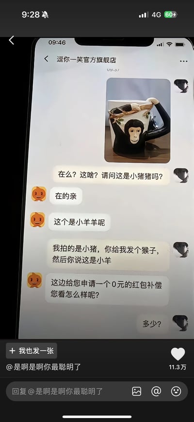 这是一张手机截图，展示了和淘宝店铺客服的聊天记录。用户拍照投诉，说收到的商品是“小猪”，但客服误认为是“小羊”，并提出送0元红包补偿。整个聊天过程讽刺了客服对于客户需求的误解，并且客服的应对又冷静又无奈，极具幽默感。

谐音/双关暗示：小猪、小羊、猴子，表达了客服混淆动物形象的尴尬；“0元红包补偿”也反讽了电商平台的应付态度。