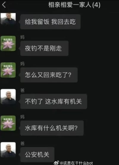 这是一张名为“相亲相爱一家人(4)”的家庭微信群聊天记录截图，记录了爸爸和妈妈之间的搞笑对话。爸爸告知妈妈要回家吃饭，妈妈疑惑他刚出门去夜钓为何折返，爸爸称水库有“机关”，在妈妈的追问下，爸爸揭晓这个“机关”是“公安机关”，利用谐音梗制造出幽默效果，推测爸爸是因为在禁止垂钓的水库夜钓，被警察制止所以提前回家。