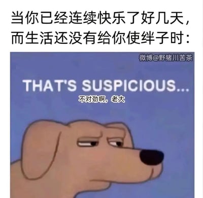 这是一张用于日常吐槽的搞笑表情包，图片上方配有中文文字“当你已经连续快乐了好几天，而生活还没有给你使绊子时：”，下方主体是一只眉头微皱、眼神充满狐疑的卡通狗，狗的上方搭配英文“THAT'S SUSPICIOUS...”和中文“不对劲啊，老大”，精准戳中当代人在经历一段顺畅无忧的日子后，因为长期习惯了生活里的小波折与不顺，反而产生不安、怀疑的矛盾心态，用幽默的方式调侃了这种普遍的生活感悟。